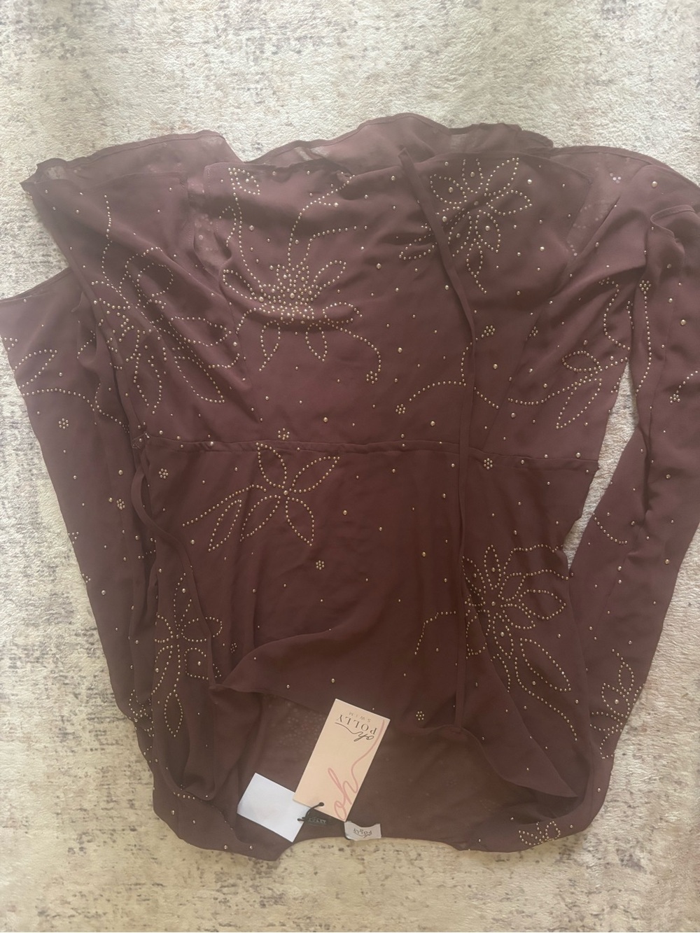 Oh Polly Brown Embellished Floral Long Sleeve Top